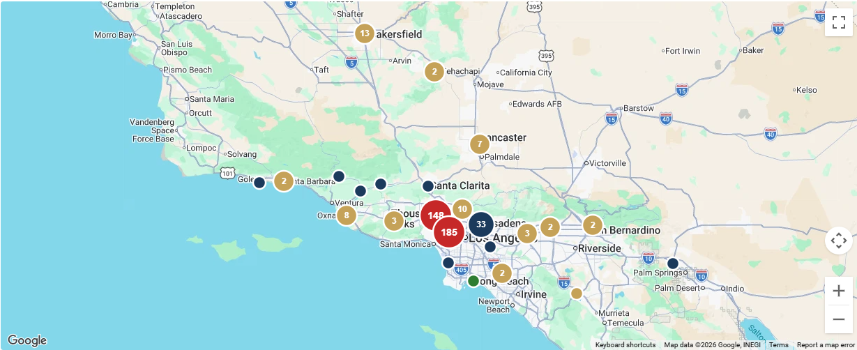 LAAA track-record map centered on Southern California